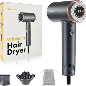 WHALER'S Hair Dryer, Professional Ionic Hair Dryer with Diffuser and Concentrator, 1400W, 4 Speeds, 4 Settings, 1.4kW, 120V, Includes Replacement Brush Head, Hair Dryer for Home and Travel Use
