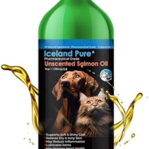 Salmon Oil | Unscented Pharmaceutical Grade | 1118mg of Omega-3 per teaspoon | Liquid Food Supplement For Dogs and Cats | BPA-Free Brushed Aluminum Epoxy coated Bottle with Pump 33oz