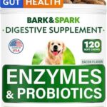 BARK&SPARK Dog Probiotics & Digestive Enzymes (Gut Health) Allergy & Itchy Skin - Pet Diarrhea Gas Treatment Upset Stomach Relief Pill, Digestion Health Prebiotic Supplement Tummy Treat (120Ct Bacon)