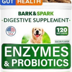 BARK&SPARK Dog Probiotics & Digestive Enzymes (Gut Health) Allergy & Itchy Skin - Pet Diarrhea Gas Treatment Upset Stomach Relief Pill, Digestion Health Prebiotic Supplement Tummy Treat (120Ct Bacon)