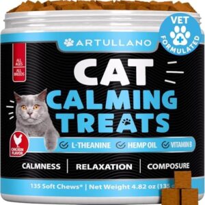 Hemp Cat Calming Treats for Stress & Anxiety Relief - Cat & Kittens - Melatonin - Storm Anxiety, Сomposure, Grooming, Separation, Veterinary Visits, Travel Care - Calming Aid with Hemp Oil - 135 Chews