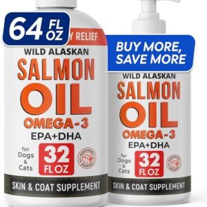 StrellaLab 64 OZ Salmon Oil for Dogs - Omega 3 for Dogs & Cats, Itch & Allergy Relief, Wild Alaskan Salmon Oil Dogs Skin & Coat, Dog Fish Oil Liquid, Shedding Supplement EPA & DHA Fatty Acids - 2Packs