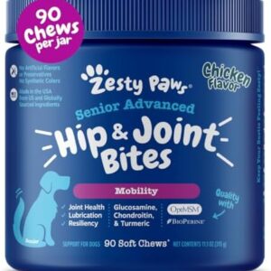 Zesty Paws Mobility Bites Joint Supplement for Dogs - Soft Chews with Glucosamine for Dogs, Chondroitin, & MSM + Vitamins C and E - Adv Chicken - 90 Count