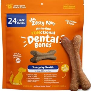 Zesty Paws Dental Bones - Fights Tartar & Plaque - Gum, Teeth & Bone Health - Cinnamon for Dog Breath - Immune, Joint, Gut, Skin & Coat Support - Omega 3 EPA & DHA and Calcium - Large Dogs - 24 ct…
