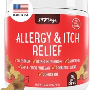 iHeartDogs Allergy & Itch Relief for Dogs with Salmon Oil, Quercetin, Colostrum, Antioxidants and Probiotics - 90 Count