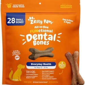 Zesty Paws Dental Bones - Fights Tartar & Plaque - Gum, Teeth & Bone Health - Cinnamon for Dog Breath - Immune, Joint, Gut, Skin & Coat Support - Omega 3 EPA & DHA and Calcium - Small Dogs - 28 ct…