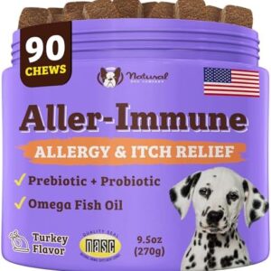 Natural Dog Company Aller-Immune Chews, Allergy Relief & Immune Support for Dogs, Itch Relief, Skin, Coat & Gut Health with Probiotics, Colostrum & Salmon Oil, Grain-Free Dog Supplement - 90 Chews