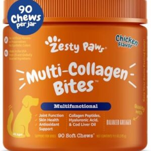 Zesty Paws Multi Collagen Soft Chews for Dogs - for Hip, Joint & Cartilage Support + Skin Health - with Collagen - Plus Eggshell Membrane, Vitamin C & Hyaluronic Acid - 90 Count