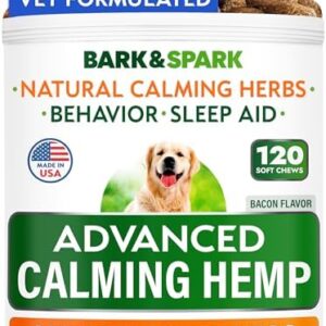 BARK&SPARK Advanced Calming Hemp Treats for Dogs - Hemp Oil + Melatonin - Anxiety Relief - Separation Aid - Stress Relief During Fireworks, Storms, Thunder - Aggressive Behavior, Barking - 120 Chews