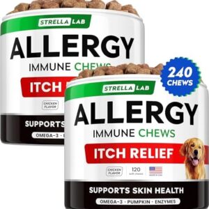 StrellaLab Dog Allergy Relief & Anti Itch Support Chews w/Omega 3: Real Ingredients, Real Taste! Skin & Coat Immune Supplement w/Fish Oil, Pumpkin & Enzymes — Developed by Experts - Made in USA -240Ct