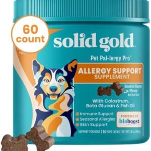 Solid Gold Dog Allergy Chews - Itch Relief with Wild Alaskan Salmon Oil, Colostrum & Beta Glucan - Anti-Itch for Seasonal Allergies - Bacon Flavor - 60 Count