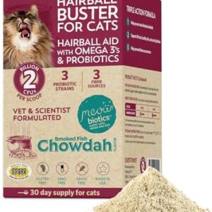 Fidobiotics - Meowbiotics Hairball Buster Powder for Cats with Probiotics 2 Billion CFU Smoked Fish Chowdah Flavor - 30 Serving(s)