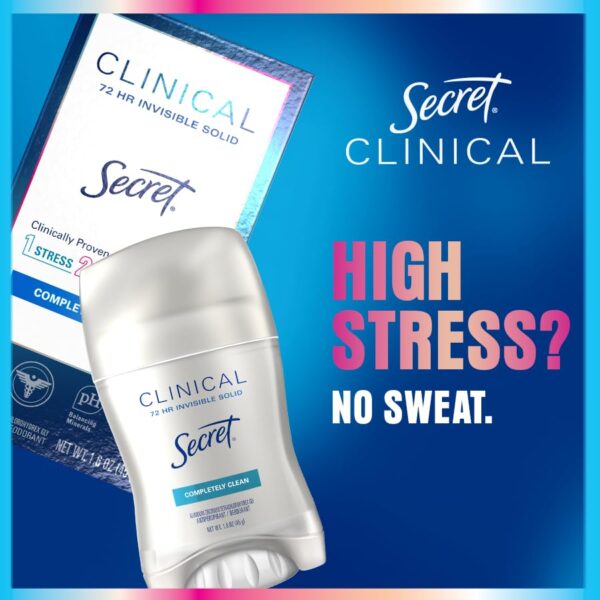 Secret Clinical Strength Antiperspirant Deodorant for Women, 3X Stress Protection, 72hr Sweat & Odor Protection, PH Balancing Minerals, Invisible Solid, Completely Clean Scent, 2.6 oz - Image 7