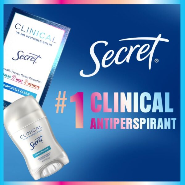 Secret Clinical Strength Antiperspirant Deodorant for Women, 3X Stress Protection, 72hr Sweat & Odor Protection, PH Balancing Minerals, Invisible Solid, Completely Clean Scent, 2.6 oz - Image 6
