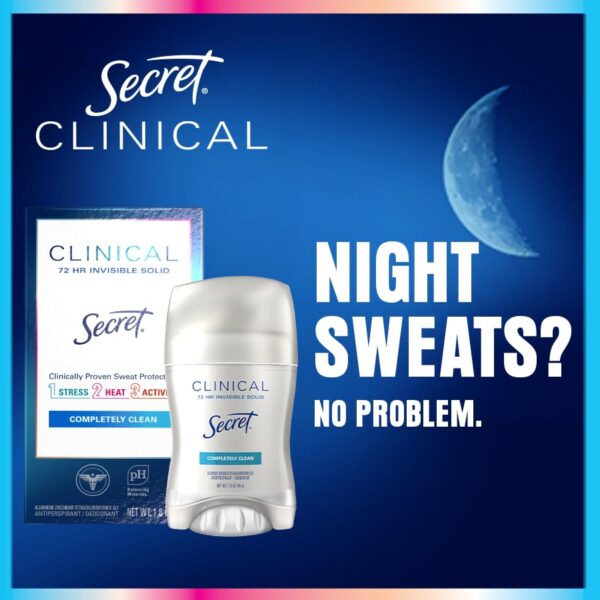 Secret Clinical Strength Antiperspirant Deodorant for Women, 3X Stress Protection, 72hr Sweat & Odor Protection, PH Balancing Minerals, Invisible Solid, Completely Clean Scent, 2.6 oz - Image 5